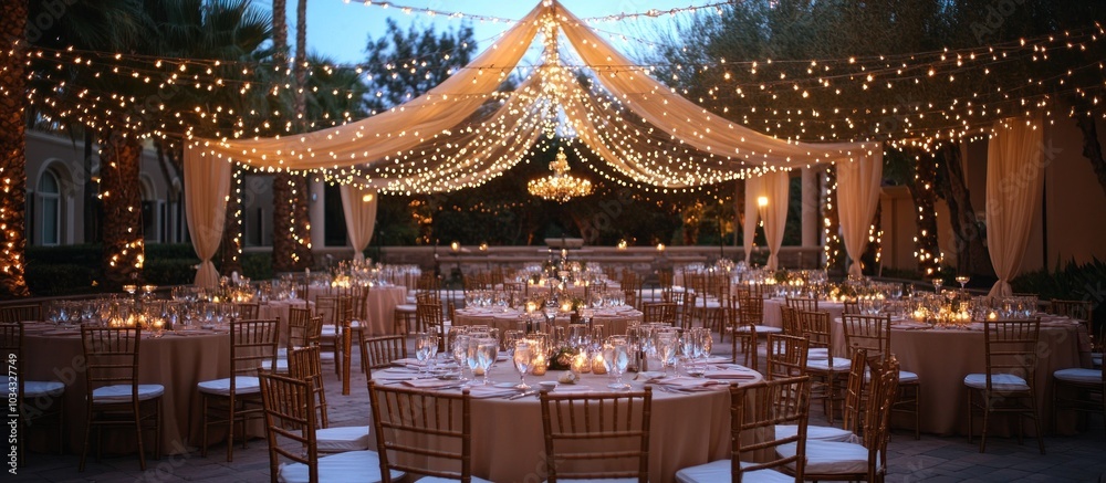 Obraz premium Elegant outdoor dining setup with string lights and sheer fabric canopy.