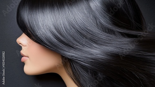 Profile of a woman with long straight silky hair coloured black. Ideal image of a beautiful brunette with hair developing in the wind. Feminine image of natural beauty. Illustration for fashion design