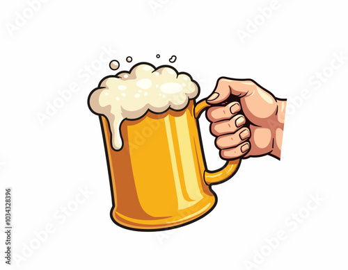 Cartoon illustration of a hand holding a frothy beer mug against a white background, emphasizing a celebratory mood.