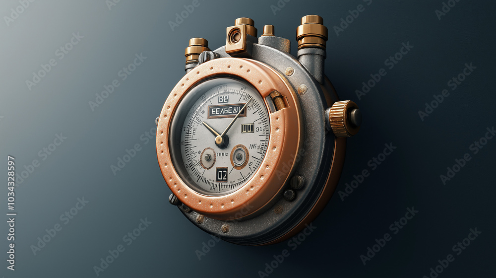 A steampunk-style clock with a copper and silver design.