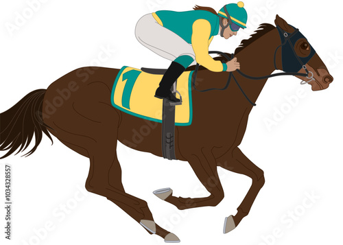 horse racing, female jockey on racehorse in full gallop isolated on a white background