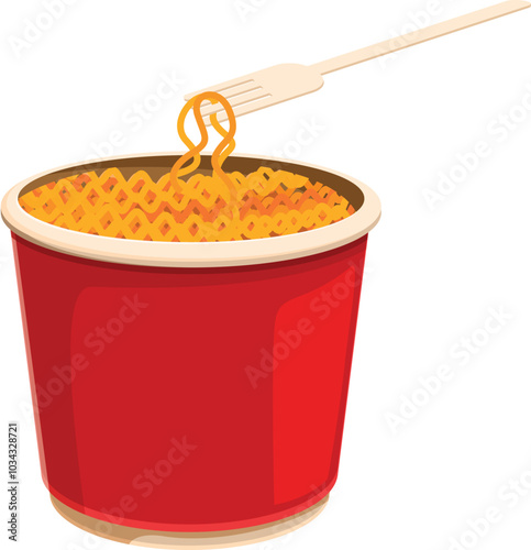 Noodles are being lifted from a red paper bucket with a wooden fork