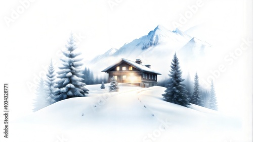 Winter landscape with a cozy cabin in snowy mountains, serene atmosphere, peaceful setting