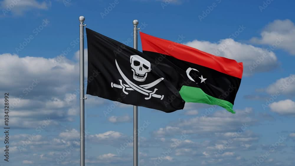 Libya and Corsair flags flying together, video concept of the relationship, two country cooperation concept Libya and Corsair flags flying together, video concept of the relationship, two country cooperation concept