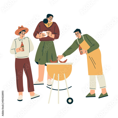 Man and Woman Character Stand Grill Sausage Relaxing in Nature in the Park Have Barbecue Vector Illustration