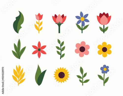 Colorful array of stylized floral and leaf icons on a white background, featuring diverse shapes and vibrant hues.