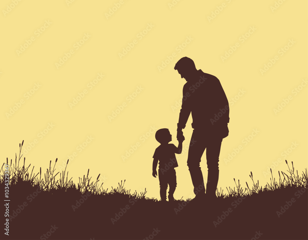 Silhouette of a man and child holding hands, walking through a grassy field at sunset, evoking a sense of bonding and tranquility in a serene natural setting. Silhouette of a man and child holding hands, walking through a grassy field at sunset, evoking a sense of bonding and tranquility in a serene natural setting.