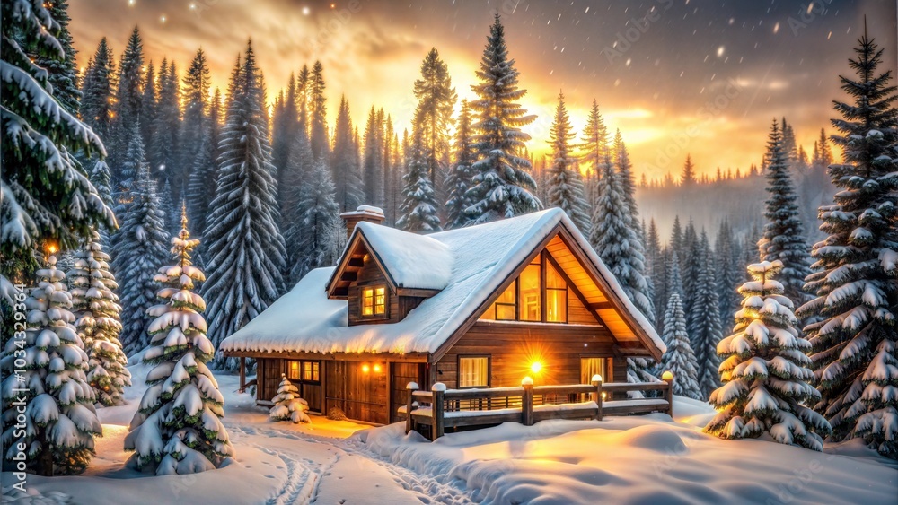 Charming log cabin in a snowy forest at sunset, warm glowing lights, serene winter landscape Charming log cabin in a snowy forest at sunset, warm glowing lights, serene winter landscape
