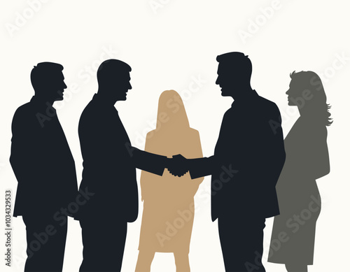 Silhouette of business professionals shaking hands, symbolizing successful negotiation amid a diverse team setting.