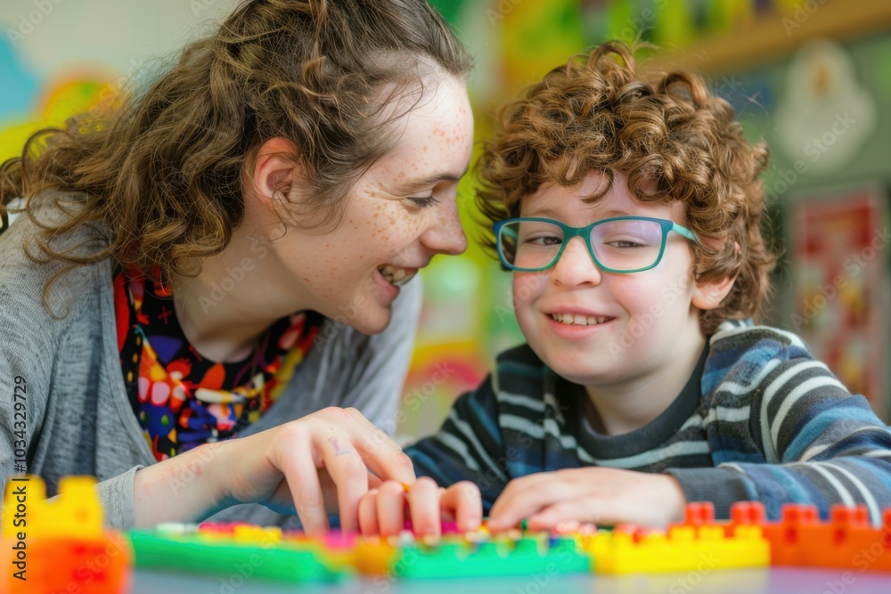 Fototapeta premium Therapist Supporting an Autistic Child in a Therapy Session