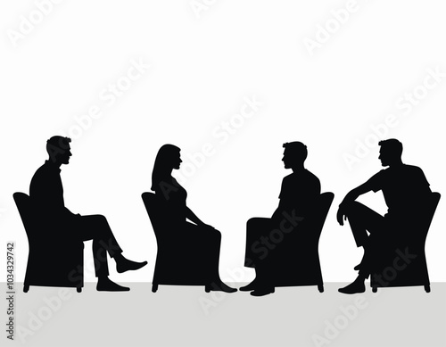 Silhouetted figures engage in conversation, seated in chairs against a white background, creating a minimalist and introspective atmosphere.