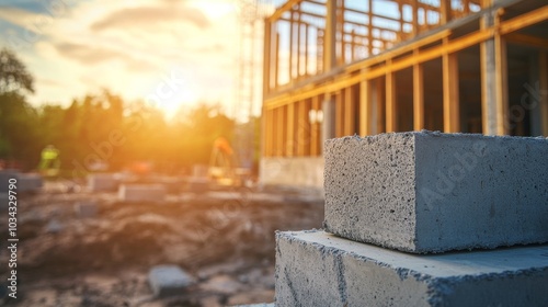 Concrete blocks are carefully arranged on a construction site capturing the days final light photo