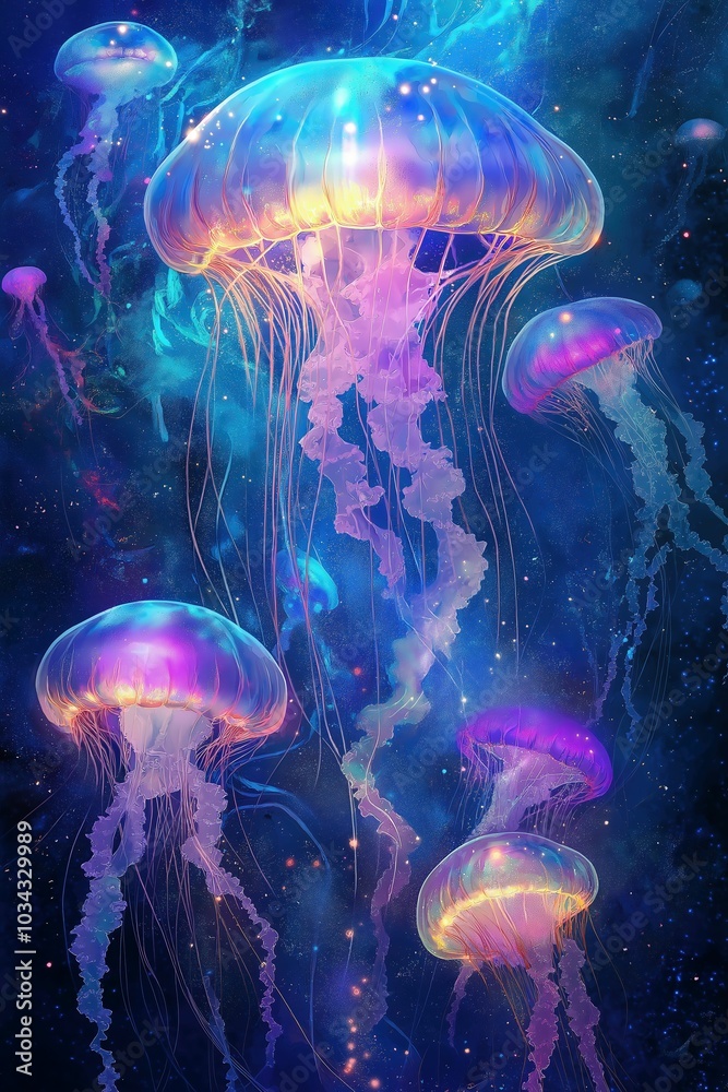 Colorful jellyfish gracefully floating in a cosmic underwater scene Colorful jellyfish gracefully floating in a cosmic underwater scene