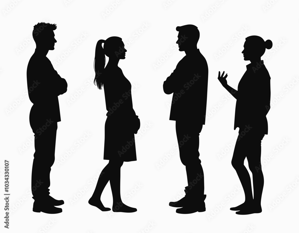 Silhouettes of two men and two women engaged in conversation, illustrating a discussion or meeting. Silhouettes of two men and two women engaged in conversation, illustrating a discussion or meeting.