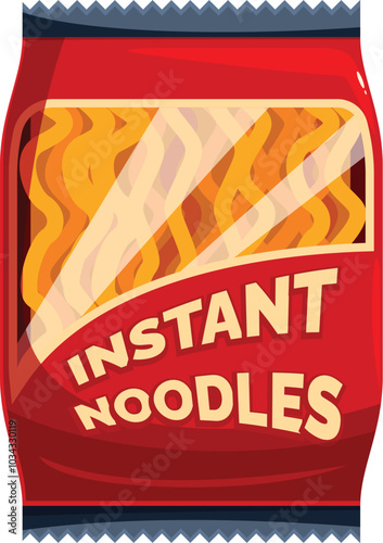 Red package of instant noodles with transparent window showing the uncooked pasta