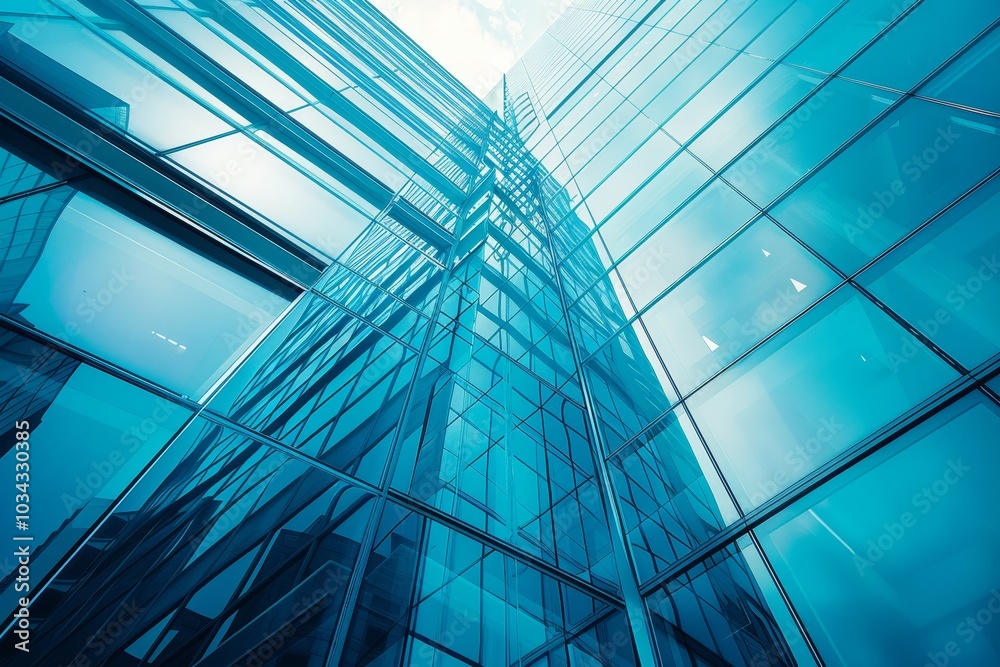 Fototapeta premium A striking glass skyscraper rises towards the sky, reflecting clouds above, demonstrating contemporary architecture in a busy urban environment during daylight.