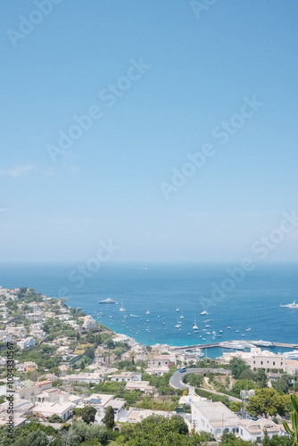 Summer view from Capri, showcasing a stunning coastal landscape with white homes, yachts, and sailboats along the sparkling blue sea. Bright skies and serene atmosphere of Italy's iconic island.