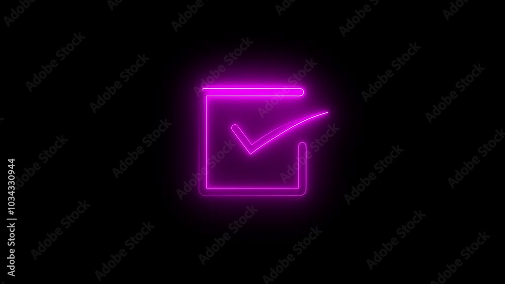 Check mark verified selection, approve and confirm sign in rectangle. Check mark symbol with square box. Glowing check mark animation icon.