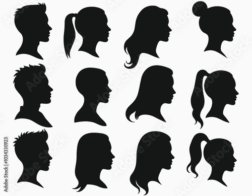 Silhouettes of diverse men and women showcasing various hairstyles, emphasizing diversity and individuality on a neutral background.