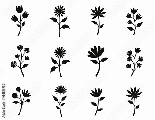 Silhouettes of various floral designs arranged in a grid on a white background, showcasing diverse botanical shapes and styles.