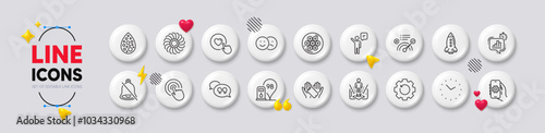 Quote bubble, Recovery gear and Correct answer line icons. White buttons 3d icons. Pack of Artificial colors, Statistics timer, Mute icon. Smartphone holding, Petrol station, Rocket pictogram. Vector