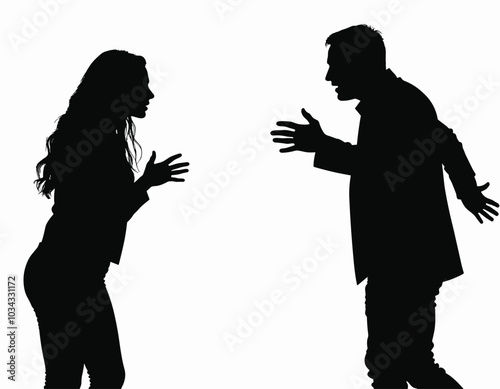 Silhouette of a man and woman in an intense discussion, highlighting dramatic gestures and expressions.