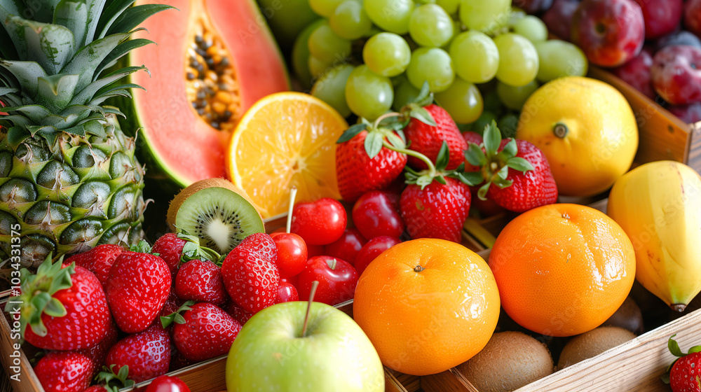 Caja de frutas frescas variadas con colores vibrantes Caja de frutas frescas variadas con colores vibrantes