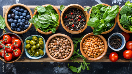 Variedad de frutas, vegetales y legumbres frescas en tazones de madera photo