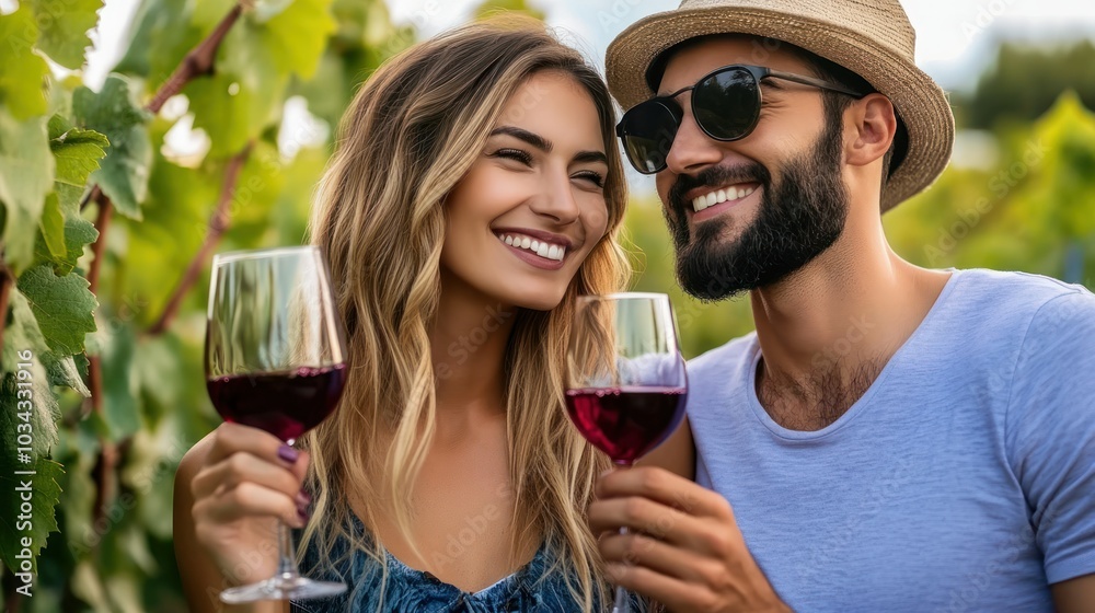Happy Couple Enjoying Wine in a Vineyard Happy Couple Enjoying Wine in a Vineyard