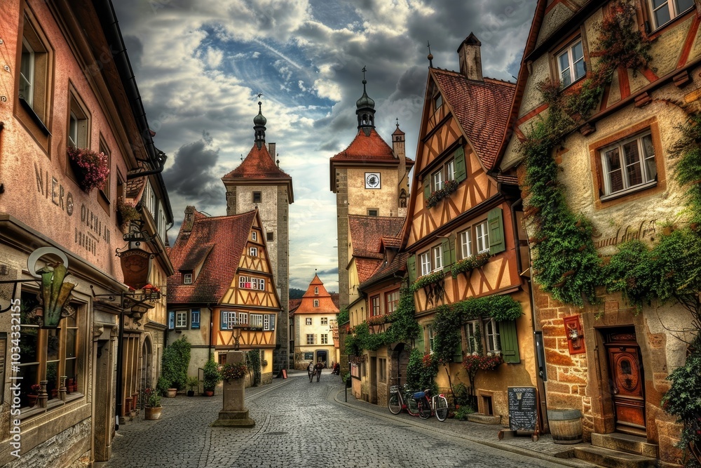 A picturesque medieval street features colorful half-timbered houses nestled among cobblestone pathways. The scene is lively with tourists exploring the charming village atmosphere. A picturesque medieval street features colorful half-timbered houses nestled among cobblestone pathways. The scene is lively with tourists exploring the charming village atmosphere.