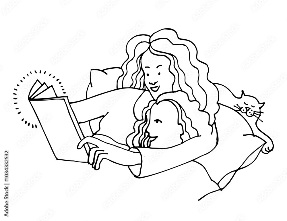 Woman with a child reads a book. Hand drawn vector illustration Woman with a child reads a book. Hand drawn vector illustration