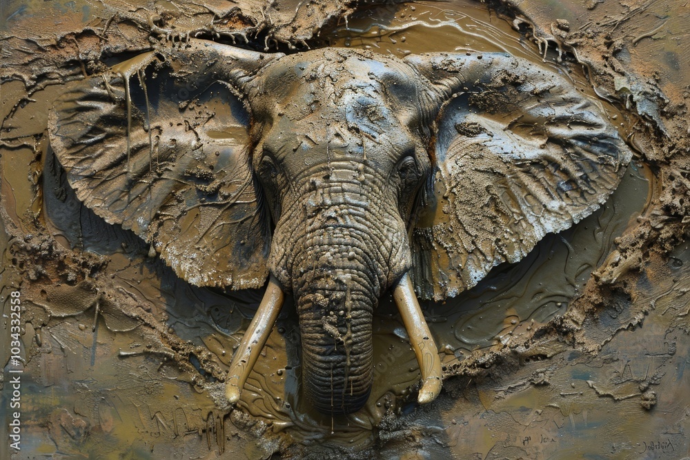A striking representation of an elephant's head emerges from textured mud, highlighting the intricate details and natural colors that celebrate wildlife artistry. A striking representation of an elephant's head emerges from textured mud, highlighting the intricate details and natural colors that celebrate wildlife artistry.