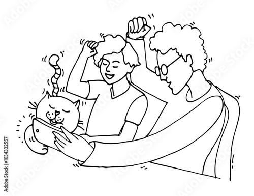 Emotions moment. Happy people communication with  phone. Communicates in a video meeting. Online with friends. Social networks. Technologies. Hand drawn vector illustration
