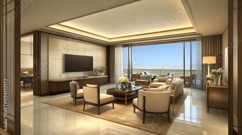 Modern Living Room with Cityscape View and Luxurious Furniture