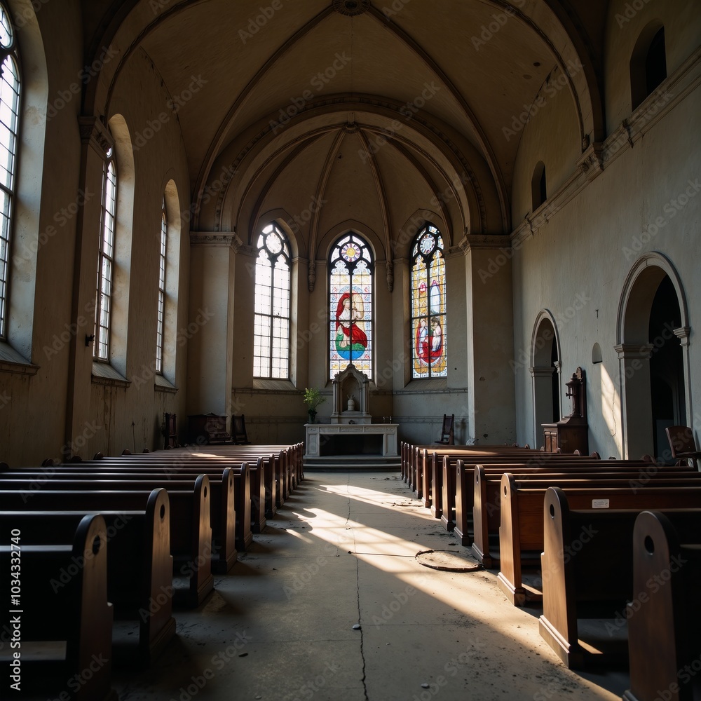 Fototapeta premium A decrepit church adorned by stained-glass windows and empty pews