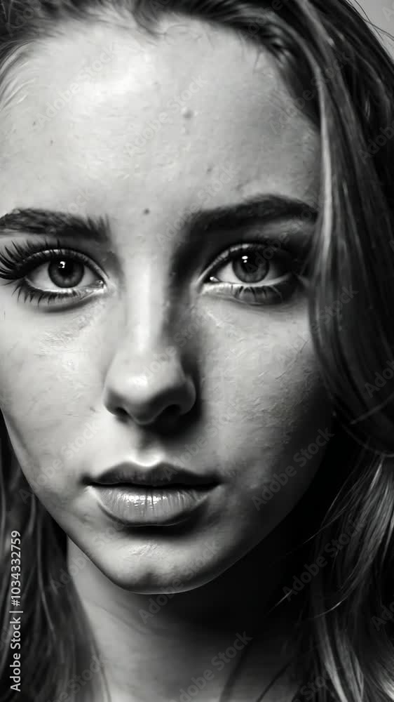 Captivating black and white portrait of a young woman with striking features and wavy hair captured in a studio environment Captivating black and white portrait of a young woman with striking features and wavy hair captured in a studio environment