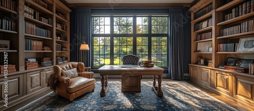 Luxurious Home Office with Wooden Bookshelves and Large Windows