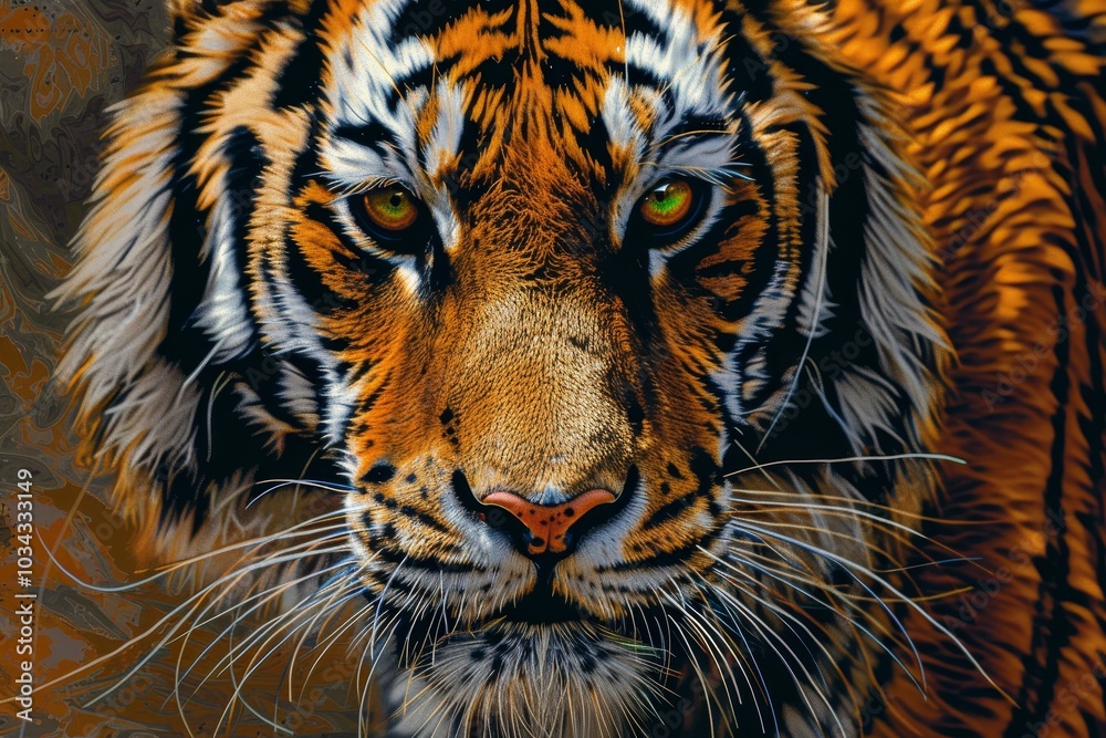 The tiger stands majestically, its vivid orange and black stripes accentuated by the sunlight, reflecting a powerful presence in its natural surroundings. The tiger stands majestically, its vivid orange and black stripes accentuated by the sunlight, reflecting a powerful presence in its natural surroundings.