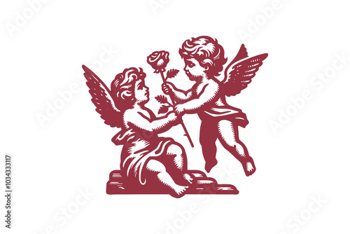 Two little cupid angels. Gives a rose flower. Love and romance. vintage engraving vector illustration, emblem, logo. Red color