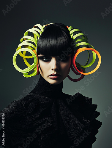 Attraktives Model präsentiert außergewöhnliche Mode mit schwungvollem Design. Avantgarde-Outfit für Modemagazin-Shooting. Kreative Haute Couture. Trendige Fashion-Fotografie