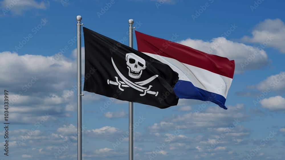Netherlands and Corsair flags flying together, video concept of the relationship, two country relations concept Netherlands and Corsair flags flying together, video concept of the relationship, two country relations concept