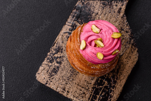 Sweet craffin or panettone garnished with raspberry and pistachio flavored cream photo