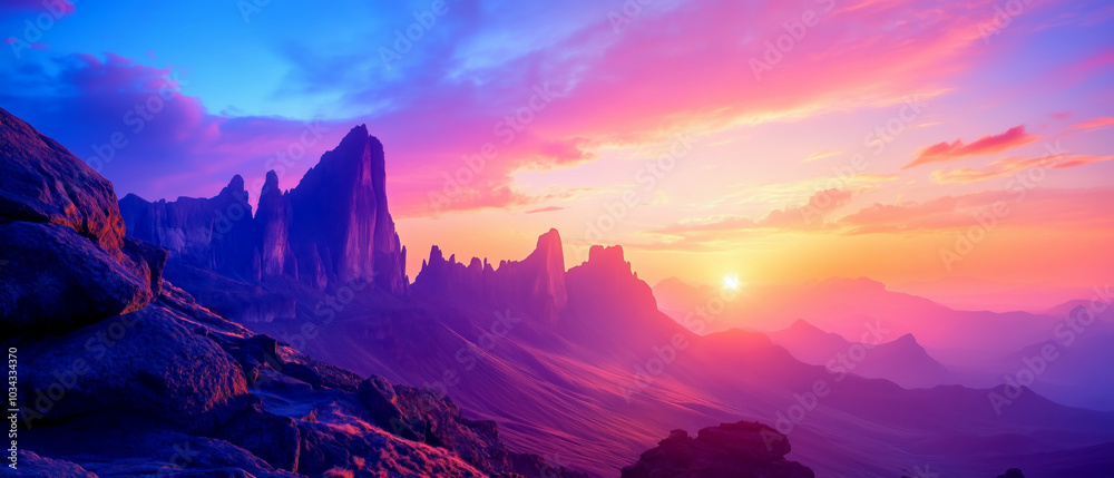 Majestic mountain landscape at sunset with vibrant colors Majestic mountain landscape at sunset with vibrant colors