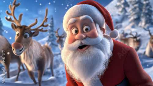 Cheerful Animated Santa Claus in Winter Wonderland