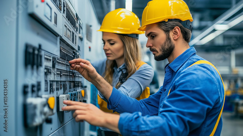 Engineers Collaborating on Control Panel in Industrial Setting