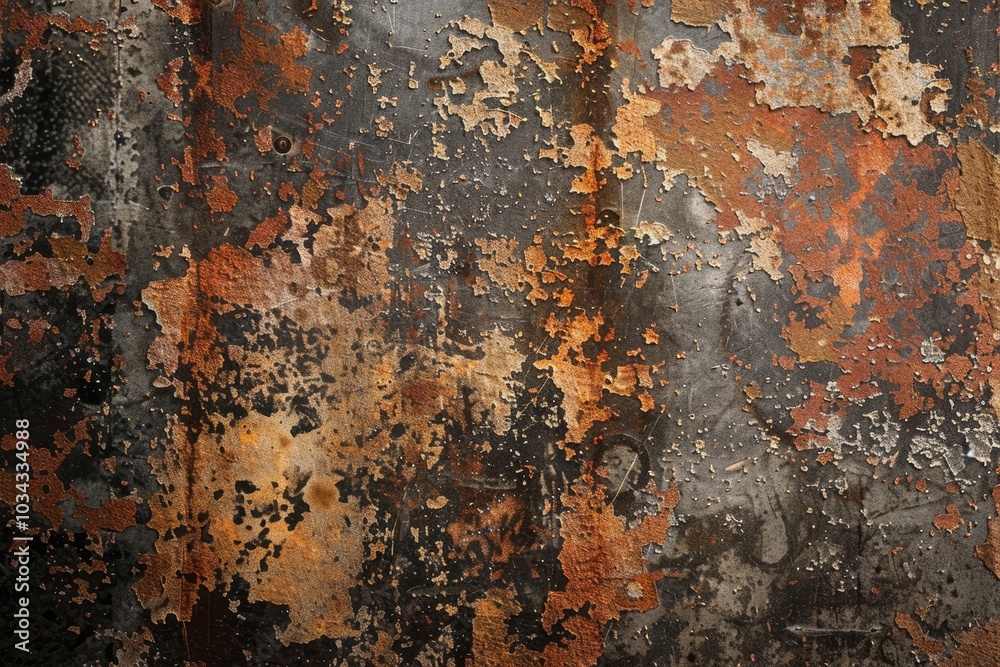 The weathered metal surface displays a striking texture with patches of rust and orange flakes, showcasing the effects of time and exposure in an industrial environment. The weathered metal surface displays a striking texture with patches of rust and orange flakes, showcasing the effects of time and exposure in an industrial environment.