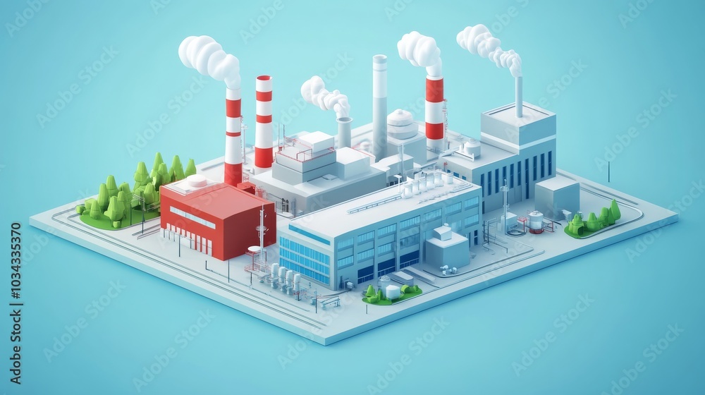 Naklejka premium A colorful depiction of factories and warehouses showing activity in a lively industrial area