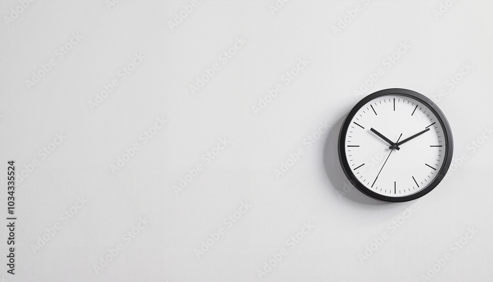 Minimalist Wall Clock with White Face and Black Hands Against Gray Background with Copy Space Minimalist Wall Clock with White Face and Black Hands Against Gray Background with Copy Space