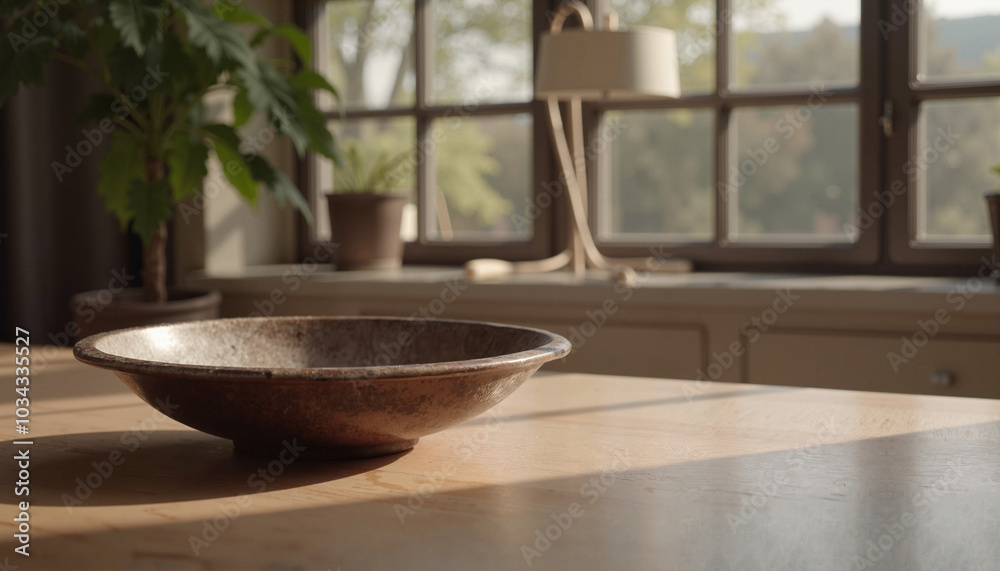 Rustic Wooden Bowl on Sunlit Table with Plants in Background Rustic Wooden Bowl on Sunlit Table with Plants in Background
