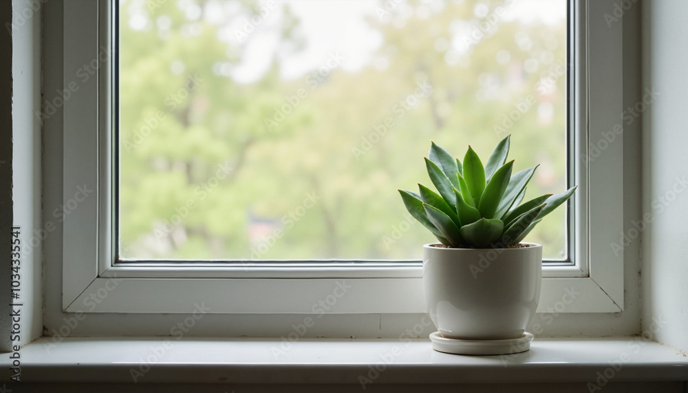 Fototapeta premium Succulent Plant in White Pot on Windowsill with Blurred Green Background